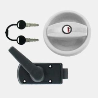 White exterior lock with black interior handle lock for caravan door with right-hand cylinder opening