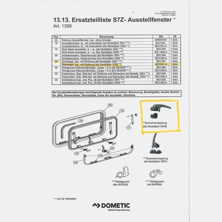 Fermeture à bouton pour Baie Dometic S7Z - fenêtre projetable vers l'extérieur - modèle avant 2001- à l'unité
