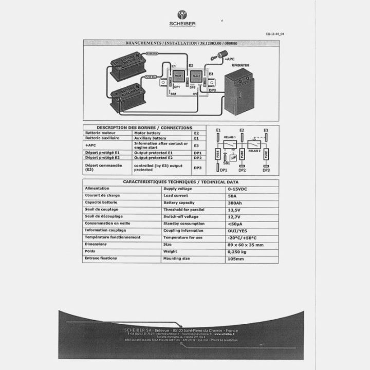 Coupleur séparateur faible capacité 50A /maxi 70A Scheiber - 3 départs de batteries inclus relais frigo