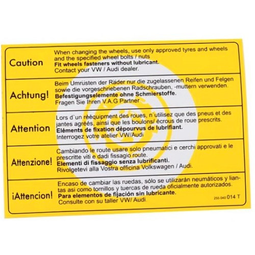     
                
                
    Autocollant d'information de changement de pneu pour VOLKSWAGEN Transporter T4 (1990-07/2003) - KA08067
